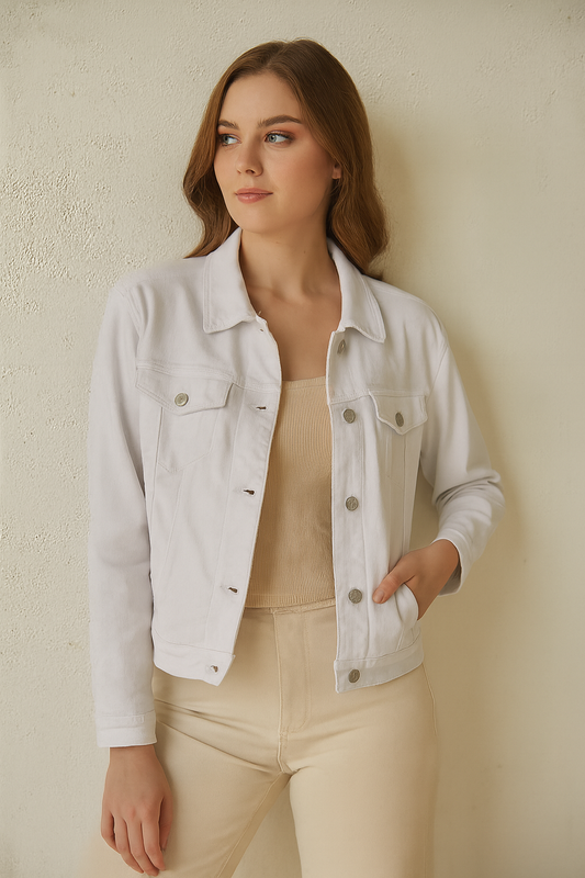 CHAQUETA DAMA TIPO JEAN BLANCA CON BOLSILLOS Y BOTONES