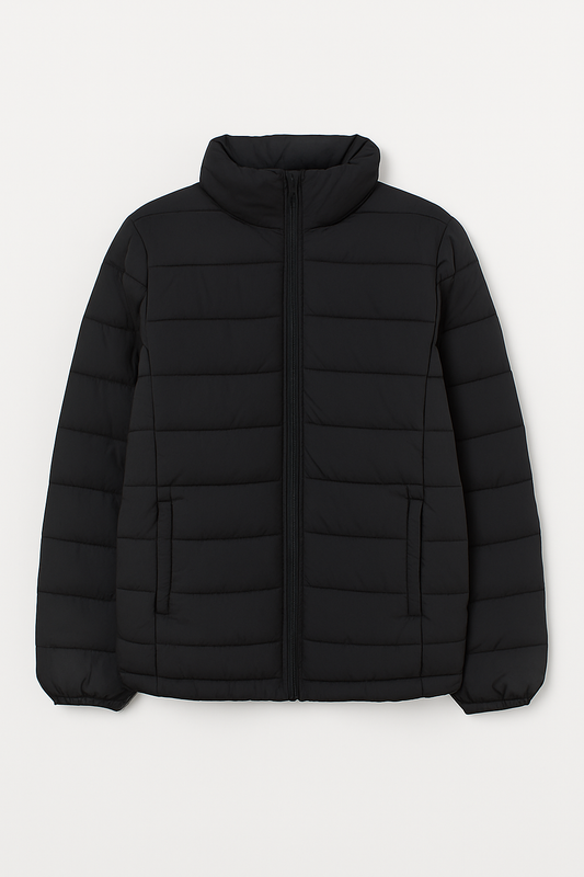 CHAQUETA DAMA PUFFER NEGRA CON BOLSILLOS Y CIERRE