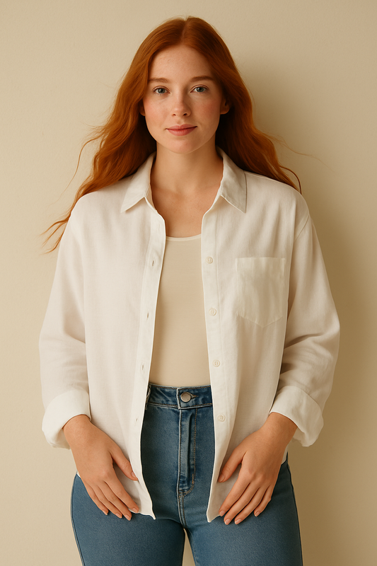 BLUSA DAMA MANGA LARGA BLANCA DE LINO CON BOLSILLO