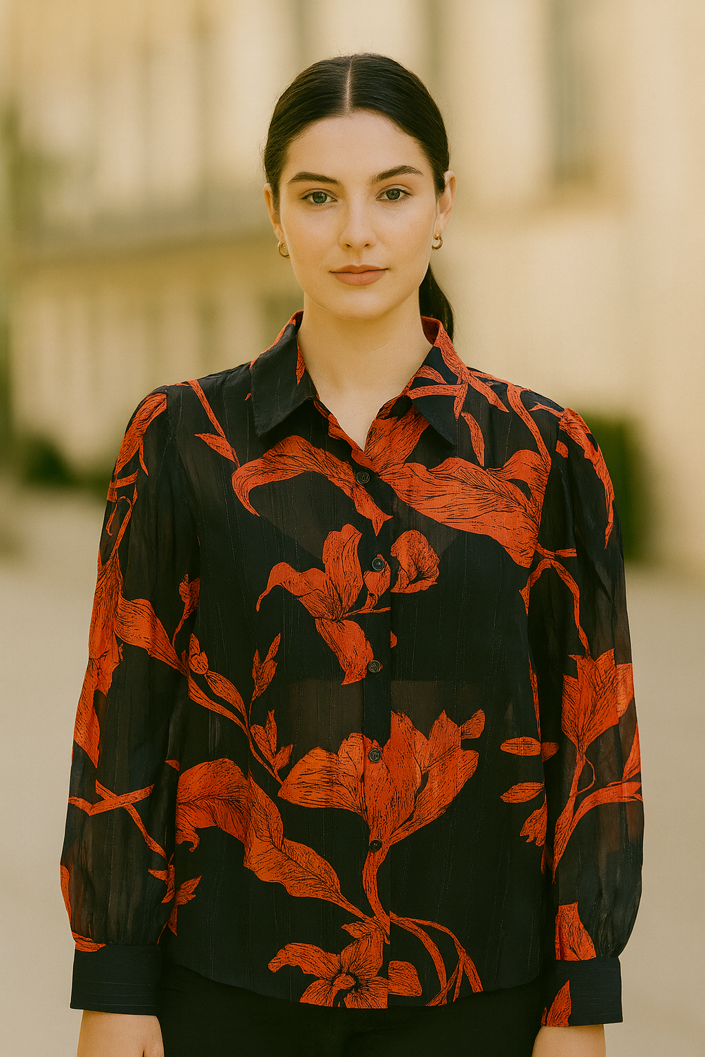 BLUSA DAMA MANGA LARGA TRANSPARENTE ESTAMPADO FLORAL