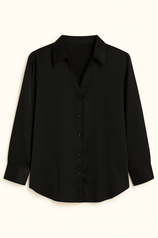 BLUSA DAMA MANGA LARGA NEGRA DE BOTONES Y CUELLO EN V