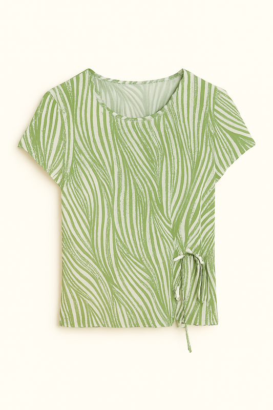 BLUSA DAMA ESTAMPADO VERDE CON TIRAS PARA LAZO LATERAL