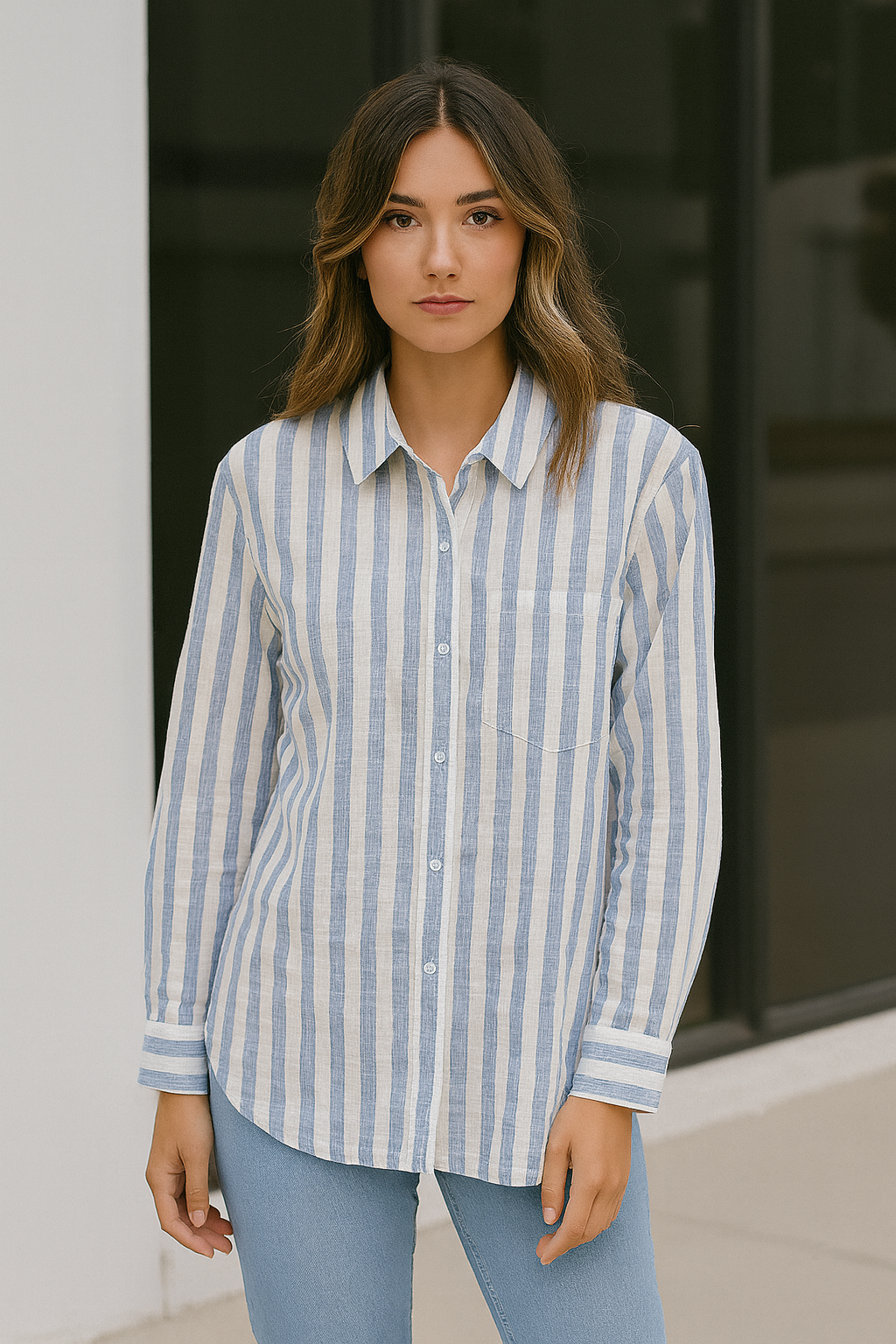 BLUSA DAMA MANGA LARGA A RAYAS AZUL Y BLANCO