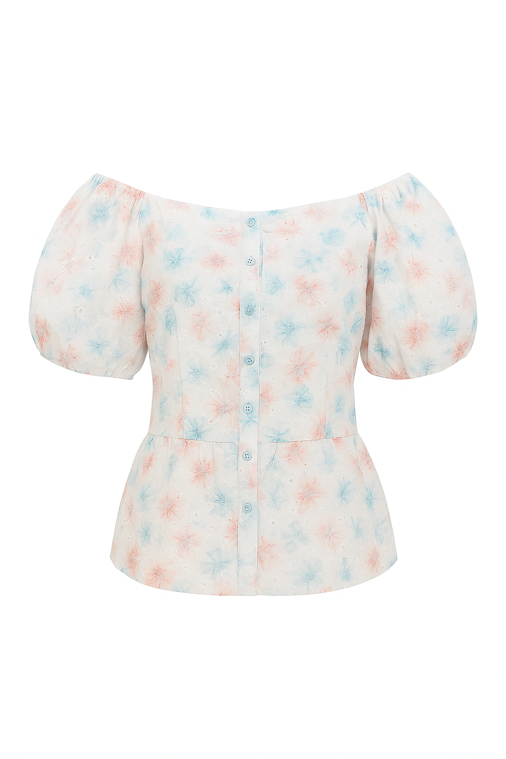 BLUSA DAMA ESCOTE CUADRADO ESTAMPADO DE FLORES CON MANGAS ELASTICAS Y BOTONES