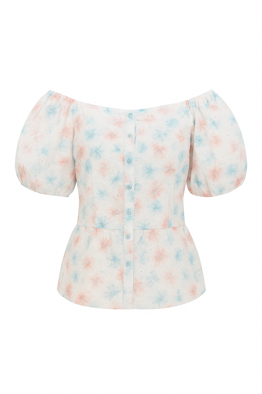 BLUSA DAMA ESCOTE CUADRADO ESTAMPADO DE FLORES CON MANGAS ELASTICAS Y BOTONES