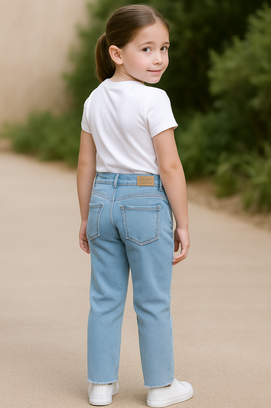 PANTALÓN JEAN NIÑA RECTO CELESTE CON BASTA DESFLECADA