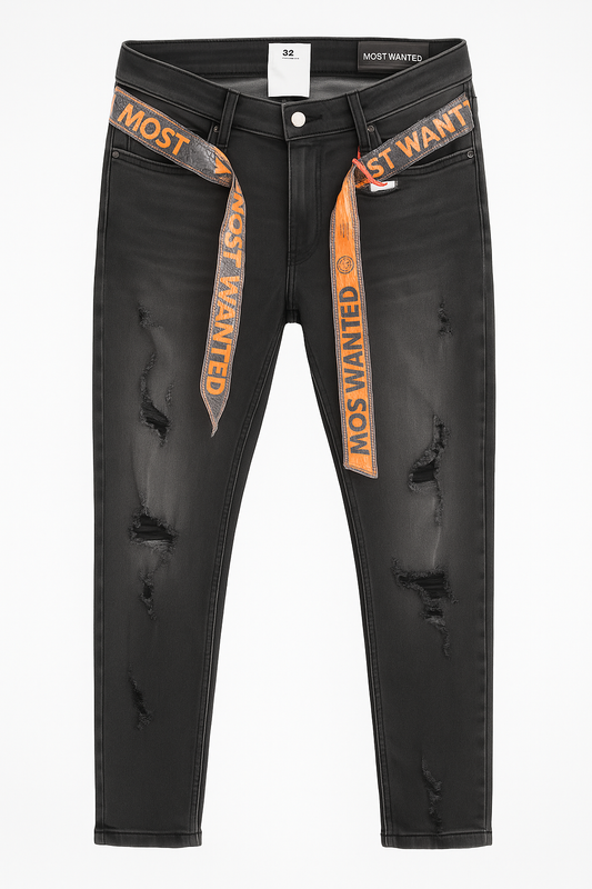 PANTALÓN JEAN SKINNY ROTOS GRIS OSCURO Y CORREA DE ARGOLLA