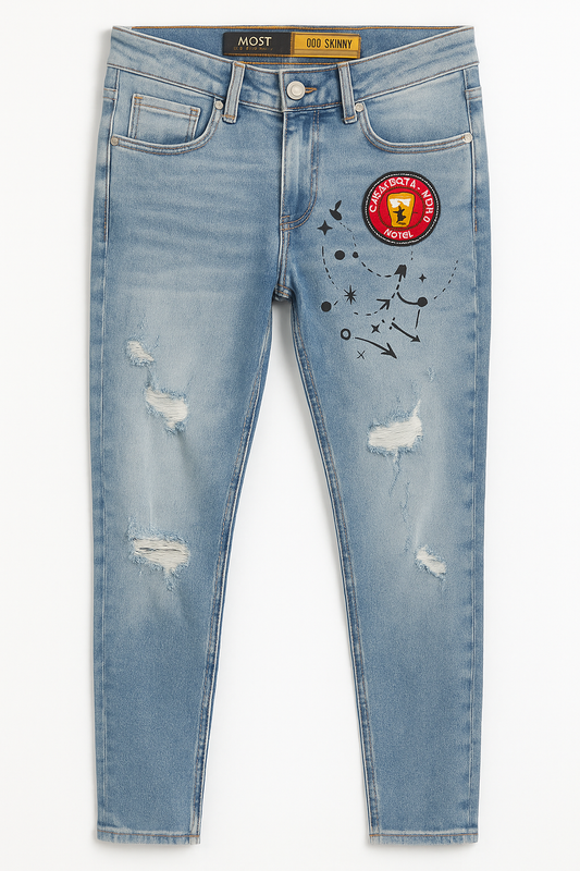 PANTALÓN JEAN SKINNY AZUL CON BORDADO Y ROTOS