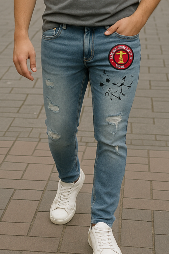 PANTALÓN JEAN SKINNY AZUL CON BORDADO Y ROTOS