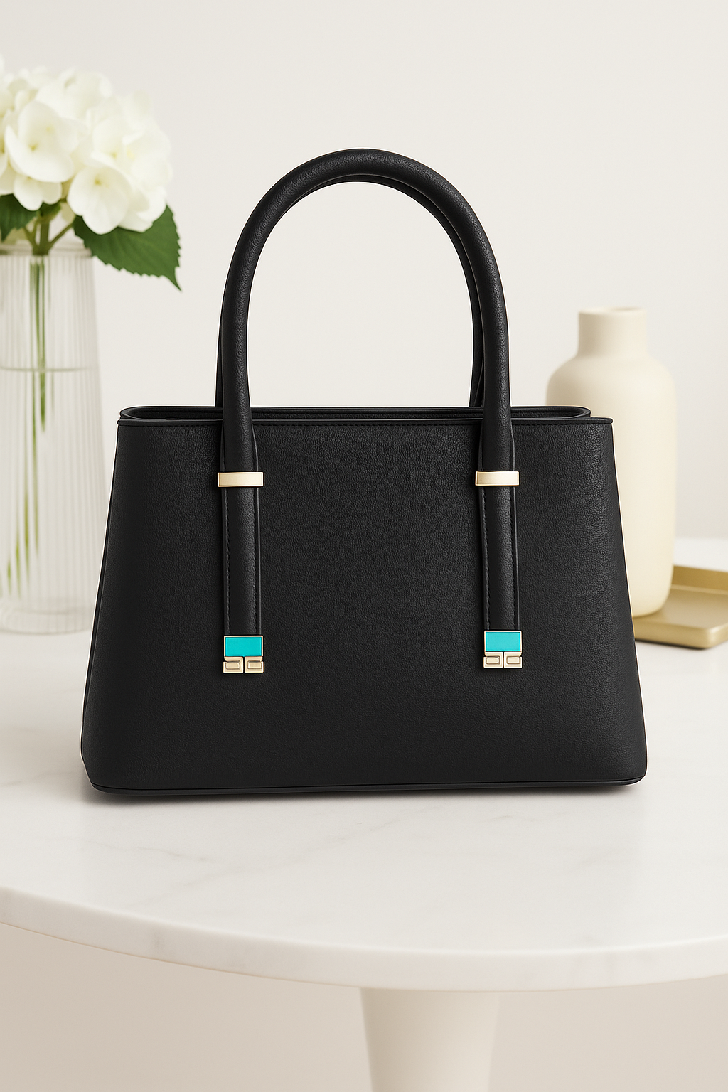 CARTERA DAMA ESTRUCTURADA CON DETALLES METÁLICOS Y CORREA