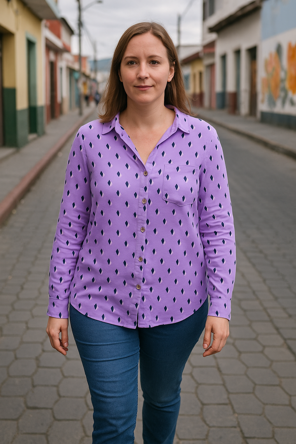 BLUSA PLUS MANGA LARGA ABOTONADA CUELLO CLASICO BOLSILLO EN EL PECHO DISEÑO GEOMETRICO