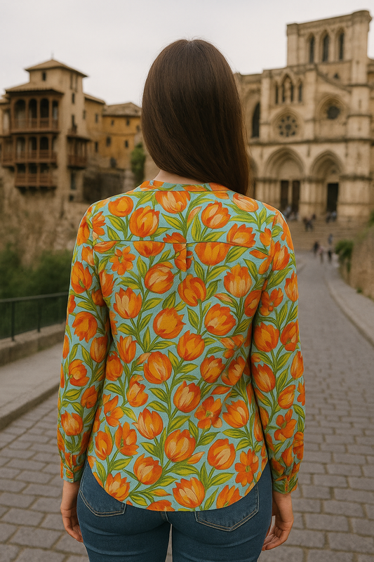 BLUSA NARANJA ESTAMPADA DISEÑO FLORAL TROPICAL MANGA LARGA