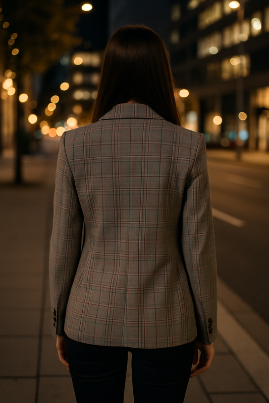 BLAZER DE DAMA ESTAMPADO A CUADROS COLOR CAFE