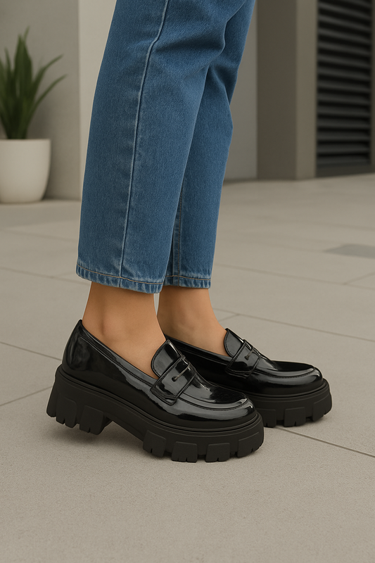 ZAPATO NEGRO DAMA MOCASIN ENCHAROLADO PLANTA ALTA