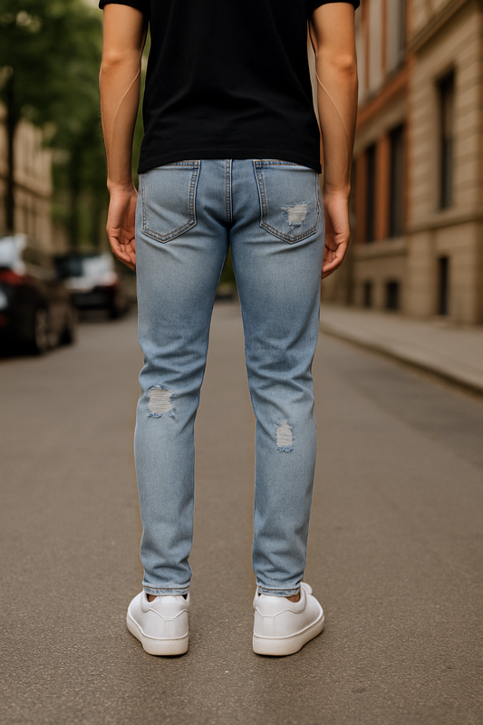 PANTALÓN JEAN SKINNY AZUL CLARO ROTOS CON BOTÓN PLATEADO