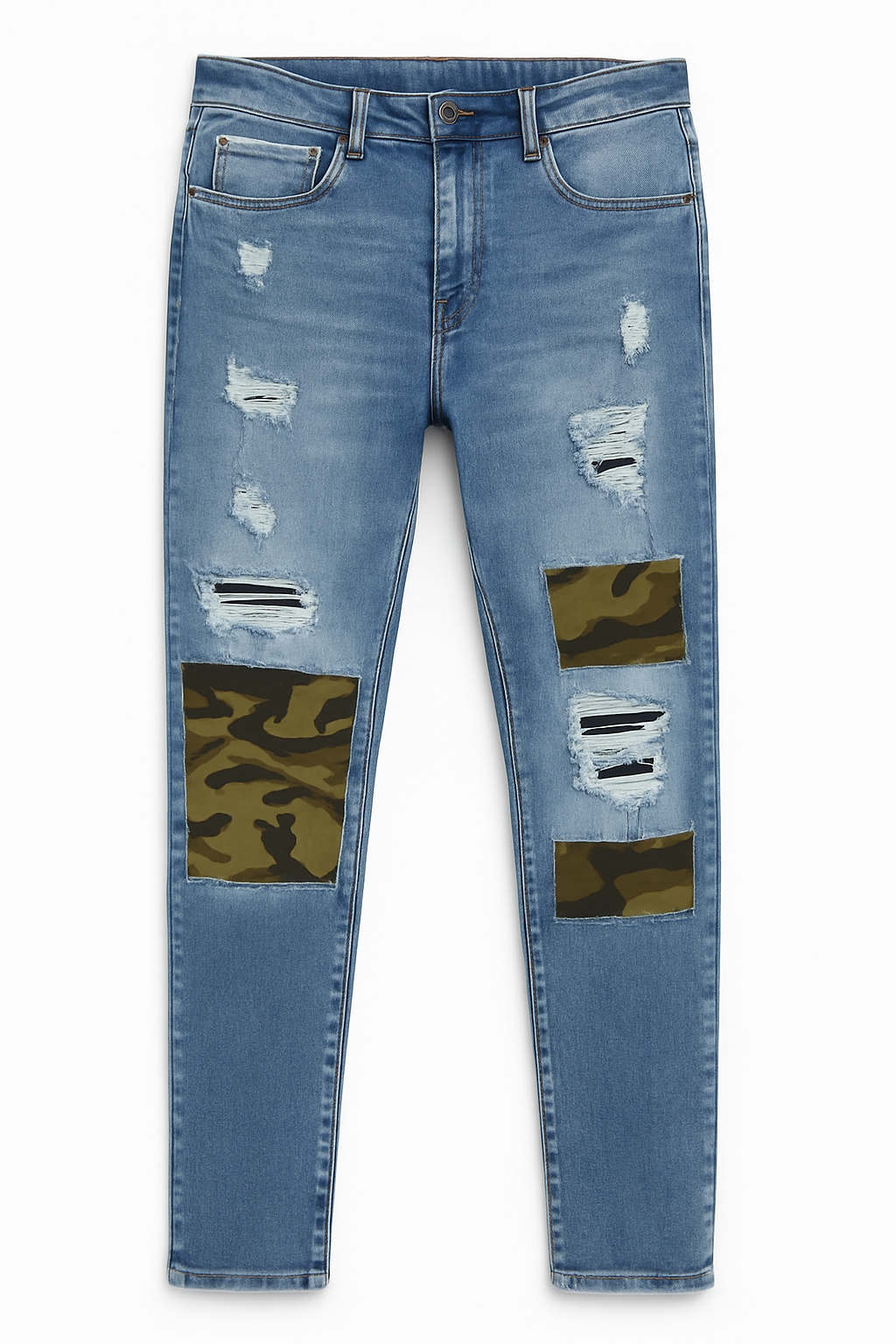 PANTALÓN JEAN AZUL SKINNY CON ROTOS Y PACHES CAMUFLAJE