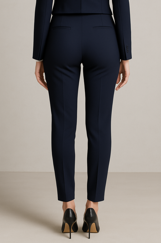 PANTALON DAMA AZUL MARIN SEMIFORMAL LICRADO PINZAS ABERTURA TOBILLO DETALLE BOTONES ORO