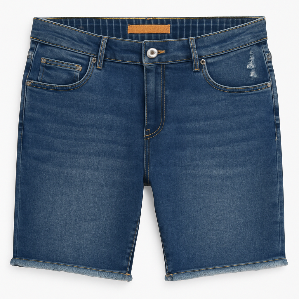 BERMUDA JEAN AZUL OSCURO CON BORDE DESPUNTADO Y DISEÑO ROTO EN BOLSILLO