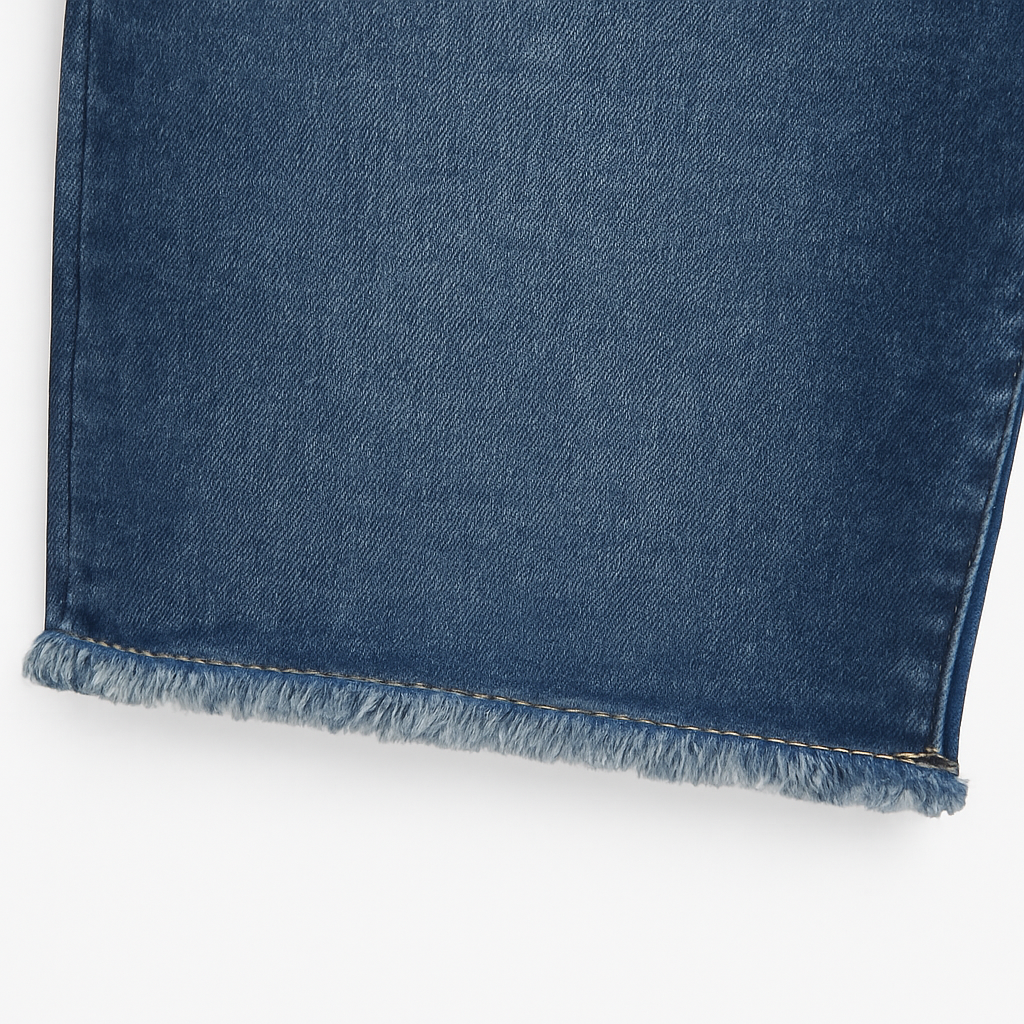 BERMUDA JEAN AZUL OSCURO CON BORDE DESPUNTADO Y DISEÑO ROTO EN BOLSILLO