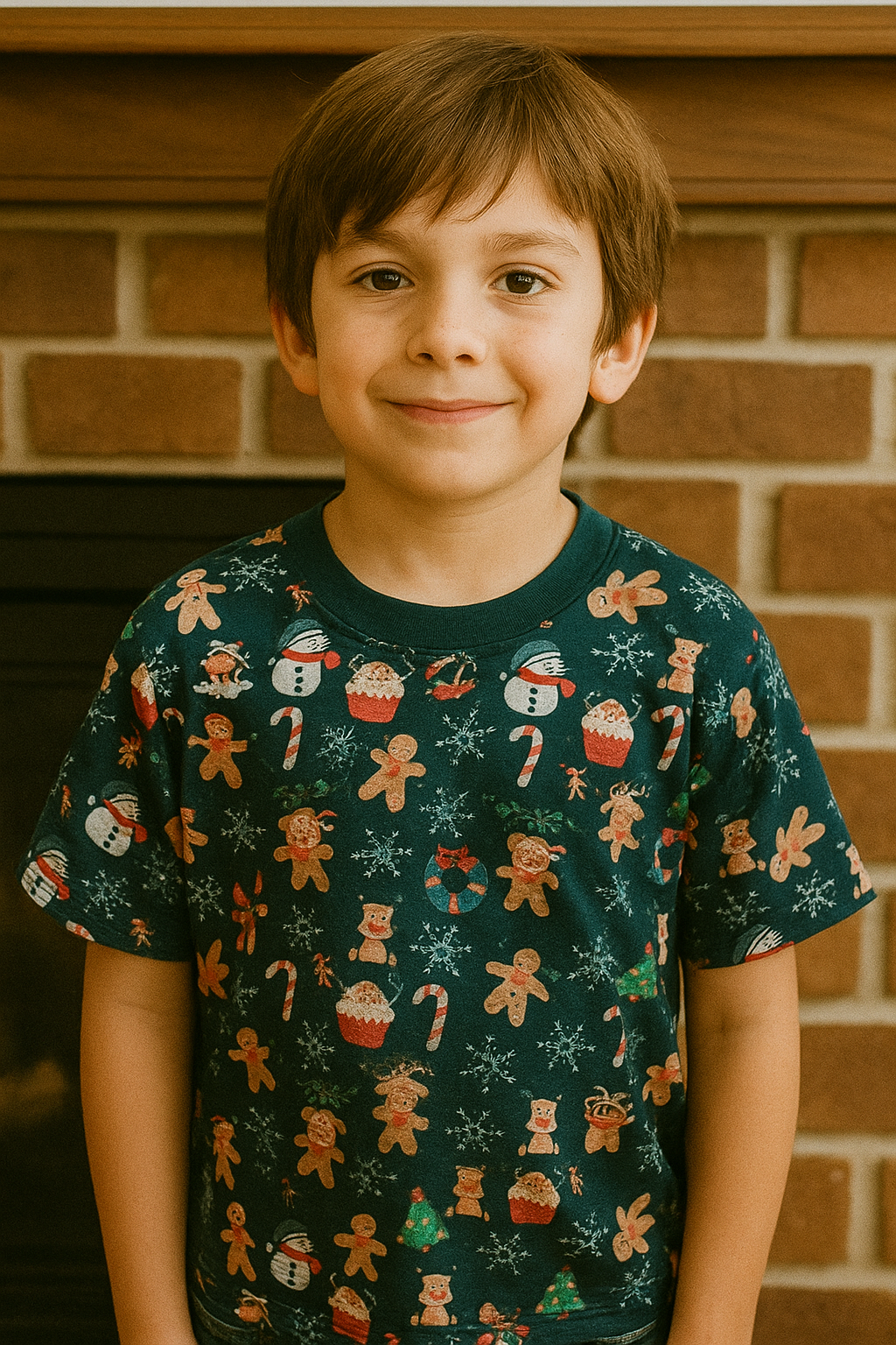 CAMISETA NAVIDEÑA NIÑO ESTAMPADA DE COPOS Y MUÑECOS