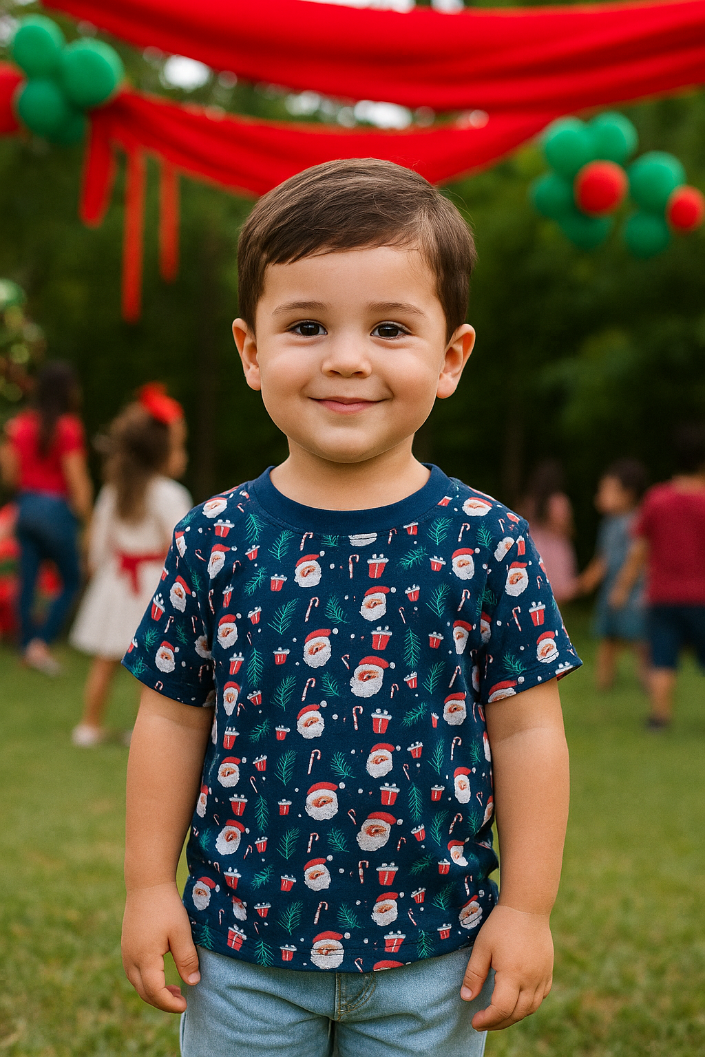 CAMISETA NAVIDEÑA NIÑO ESTAMPADA CON SANTA Y REGALOS