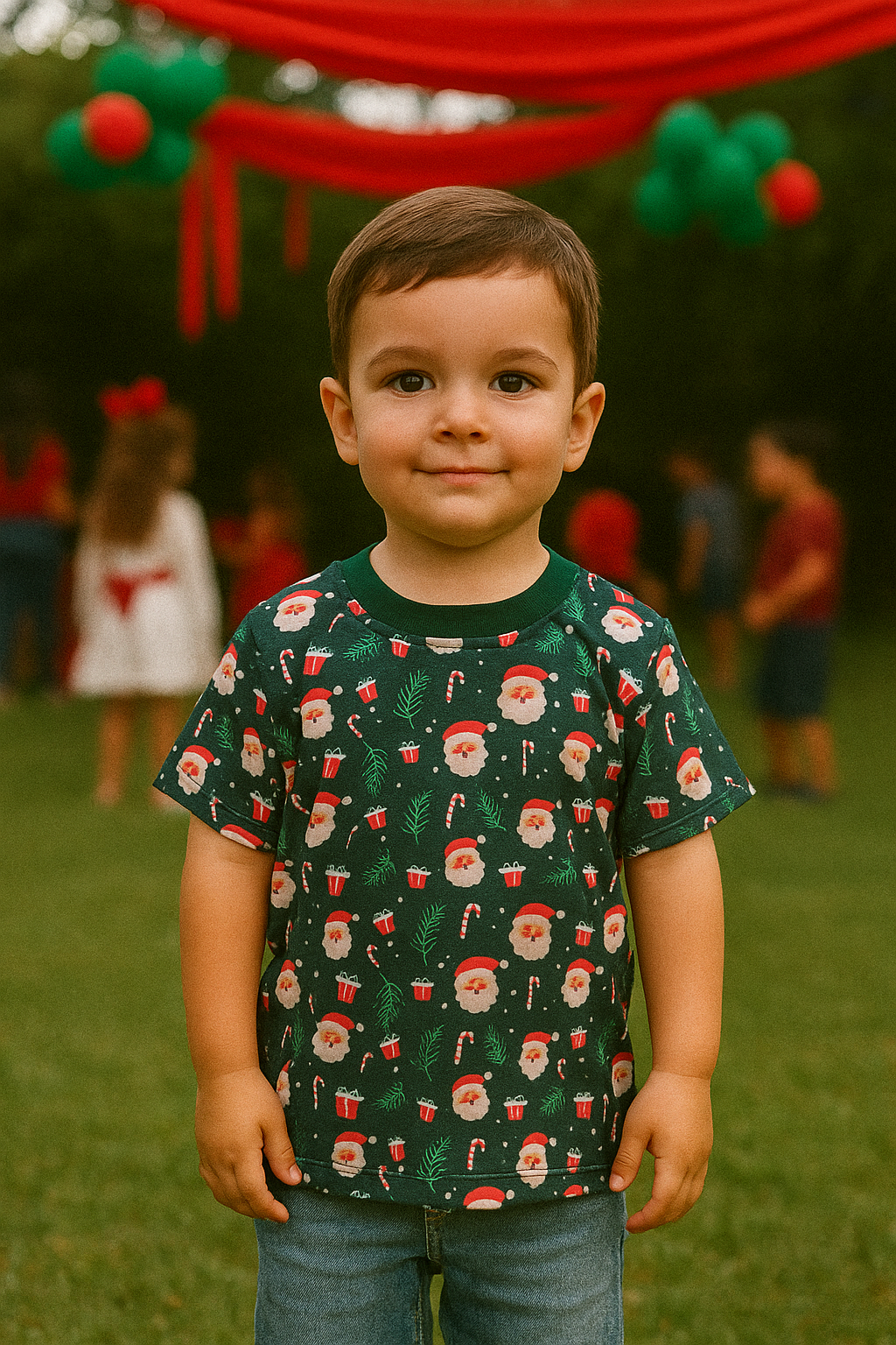 CAMISETA NAVIDEÑA NIÑO ESTAMPADA CON SANTA Y REGALOS