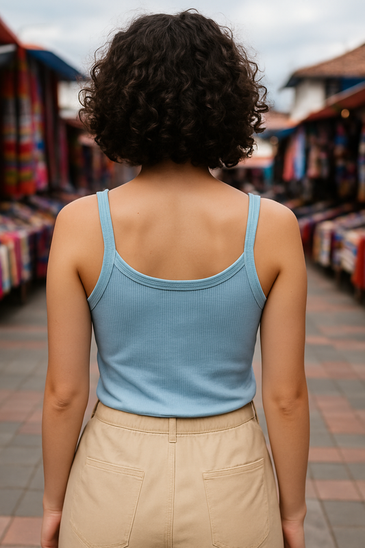 TOP TEXTURA RIBB CON TIRANTES DELGADOS Y LOGOTIPO EN ESCOTE