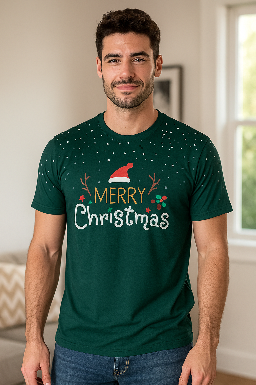 CAMISETA NAVIDEÑA HOMBRE MERRY CHRISTMAS CON GORRO DE SANTA
