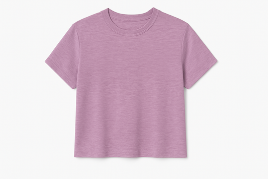 CROP TOP LILA JASPEADO CON MANGAS, CUELLO REDONDO Y ESTILO HOLGADO