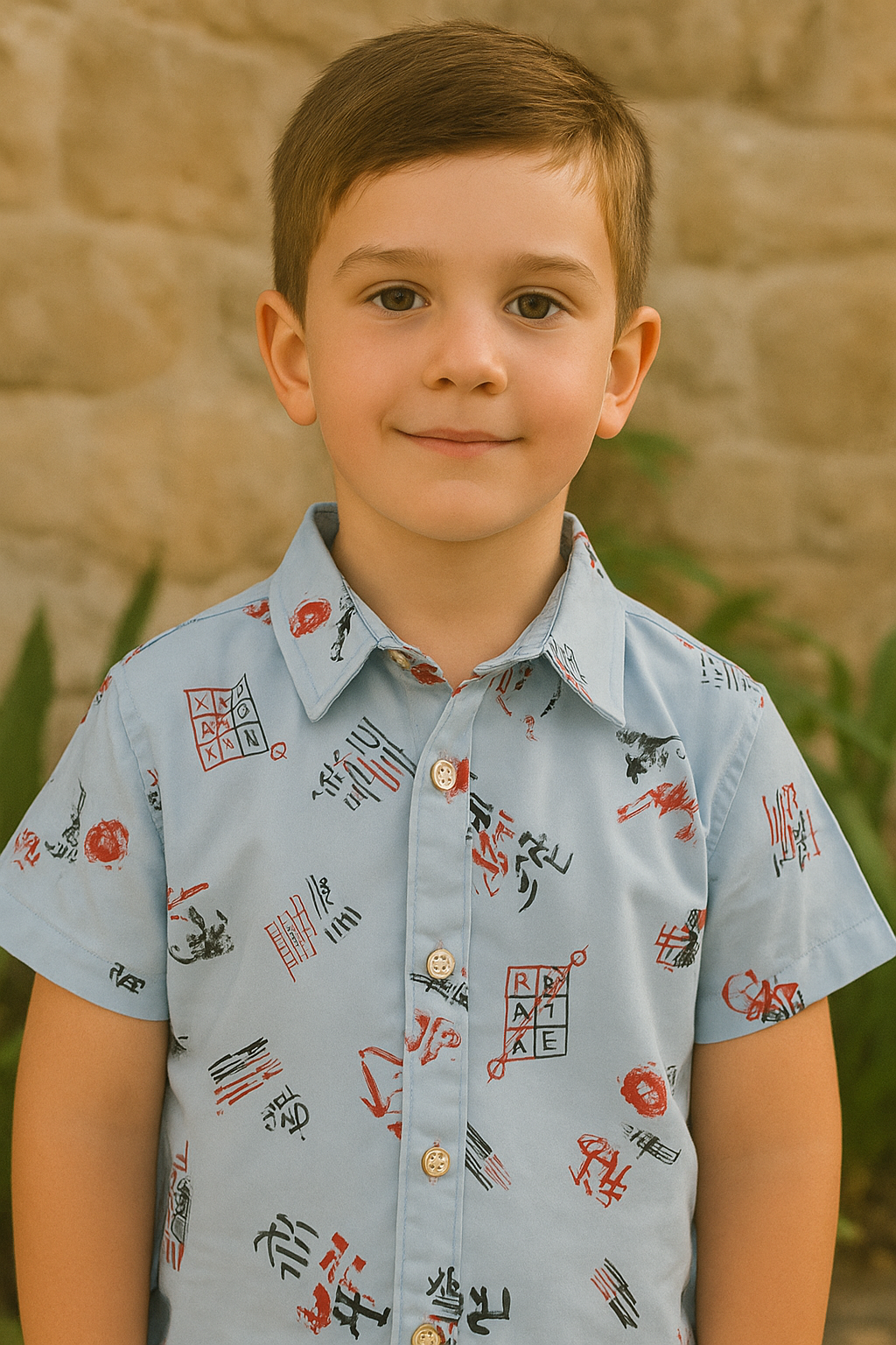CAMISA NIÑO ESTAMPADA MANGA CORTA CON BOTONES PLATEADOS