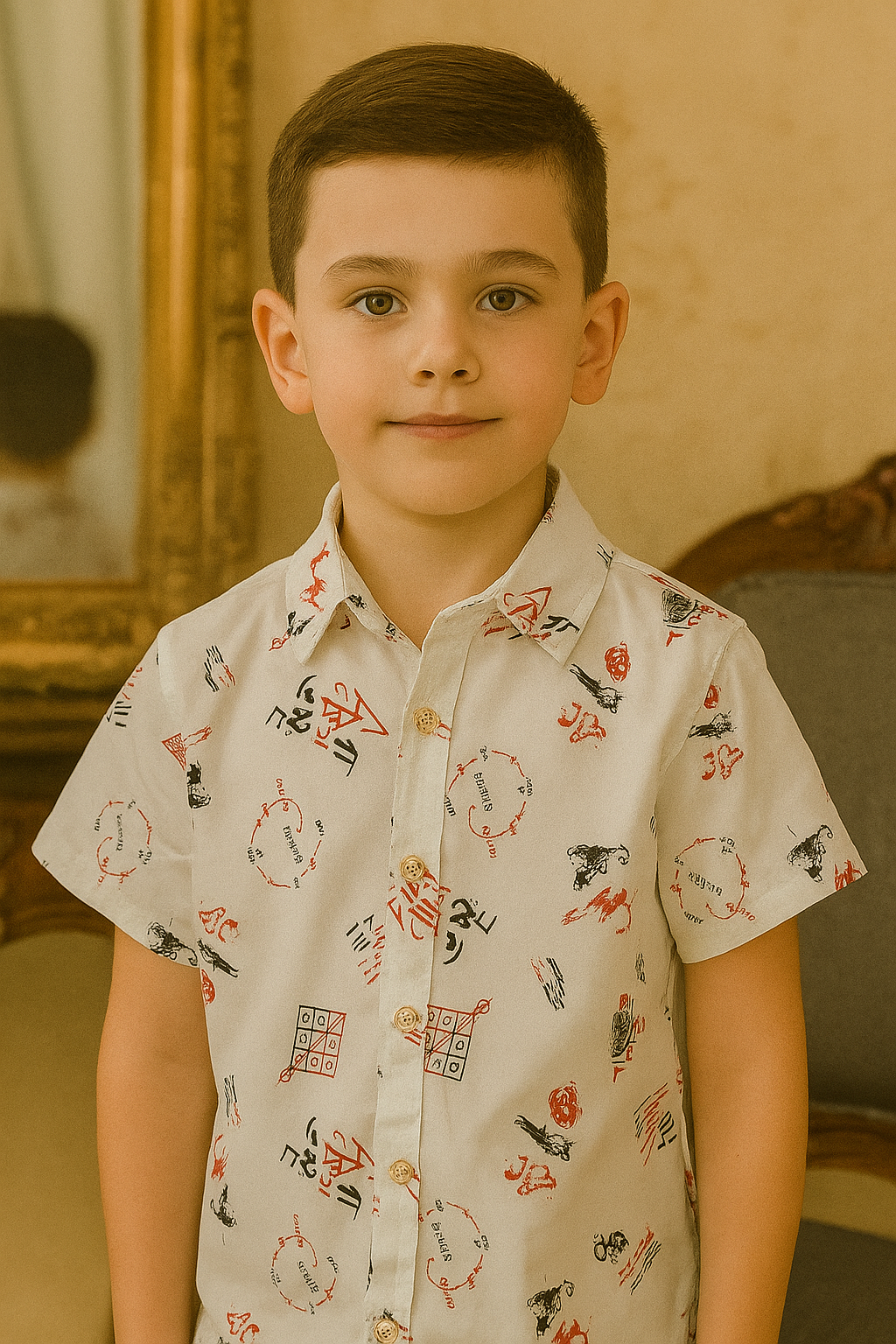 CAMISA NIÑO ESTAMPADA MANGA CORTA CON BOTONES PLATEADOS