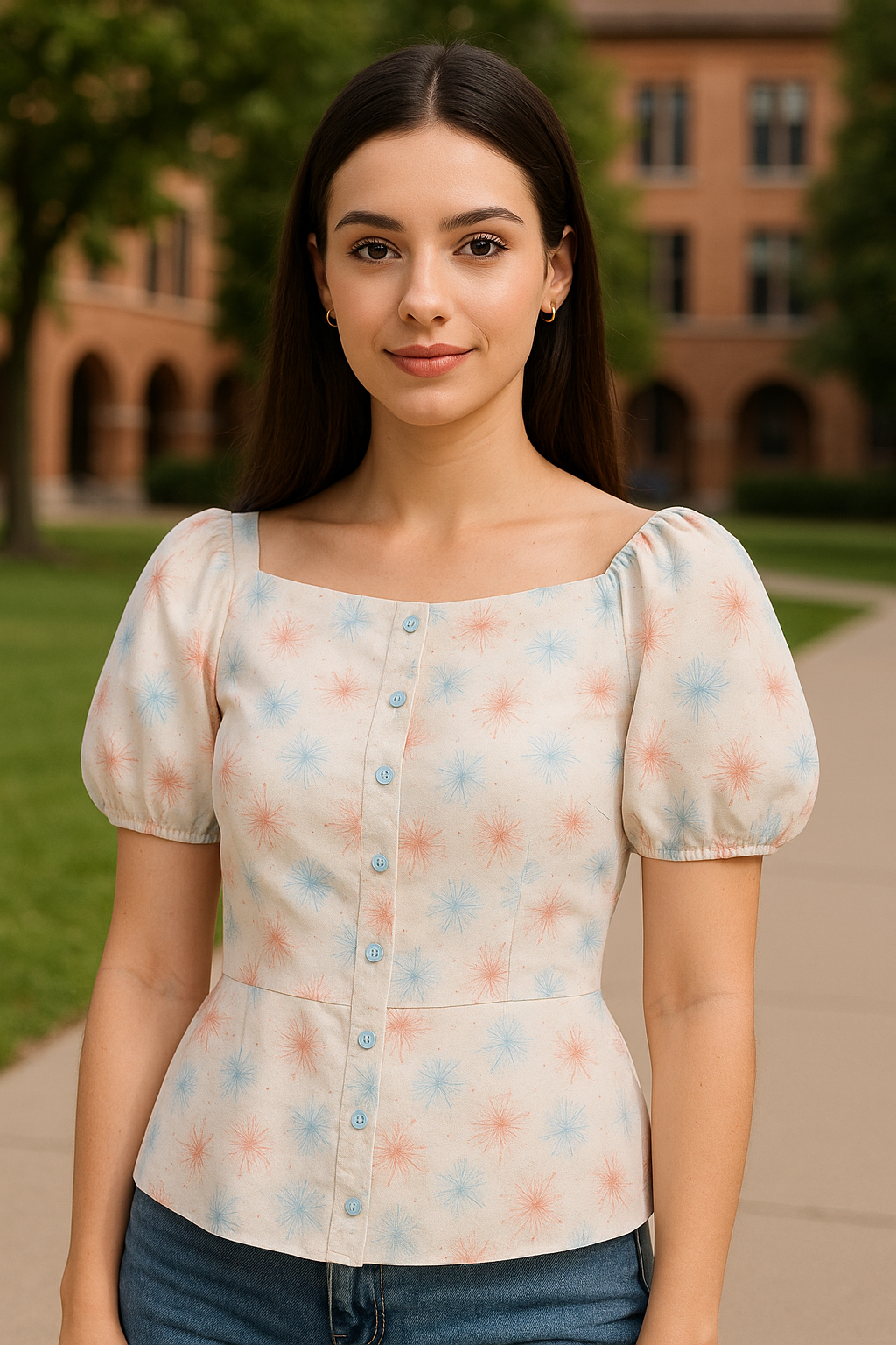 BLUSA DAMA ESCOTE CUADRADO ESTAMPADO DE FLORES CON MANGAS ELASTICAS Y BOTONES