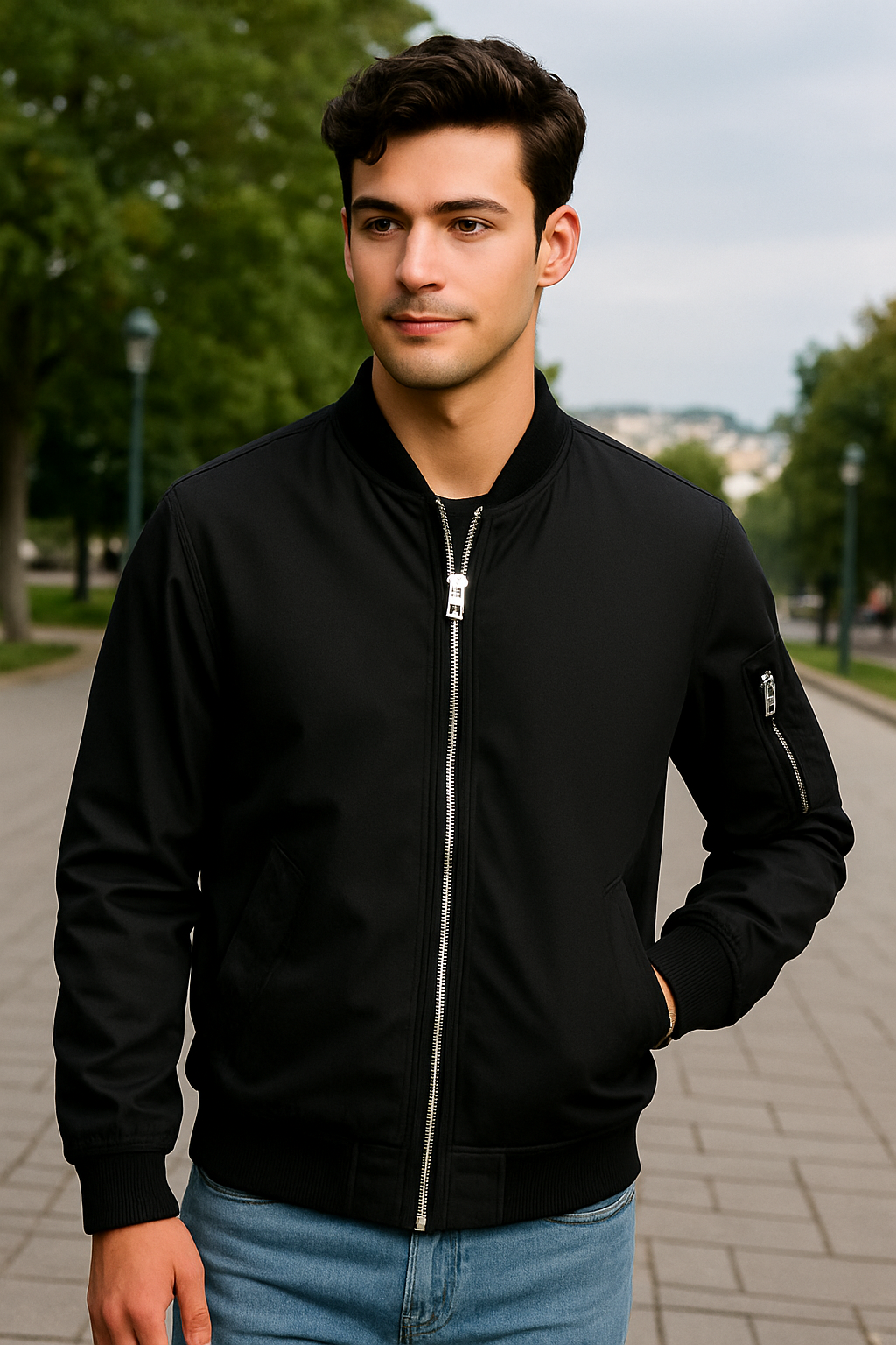 CHAQUETA BOMBER LLANA CASUAL CON CIERRE Y BOLSILLO EN BRAZOS