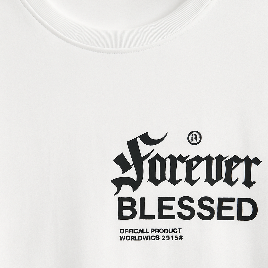 CAMISETA BLANCA HOMBRE CON ESTAMPADO "FOREVER BLESSED" CUELLO REDONDO