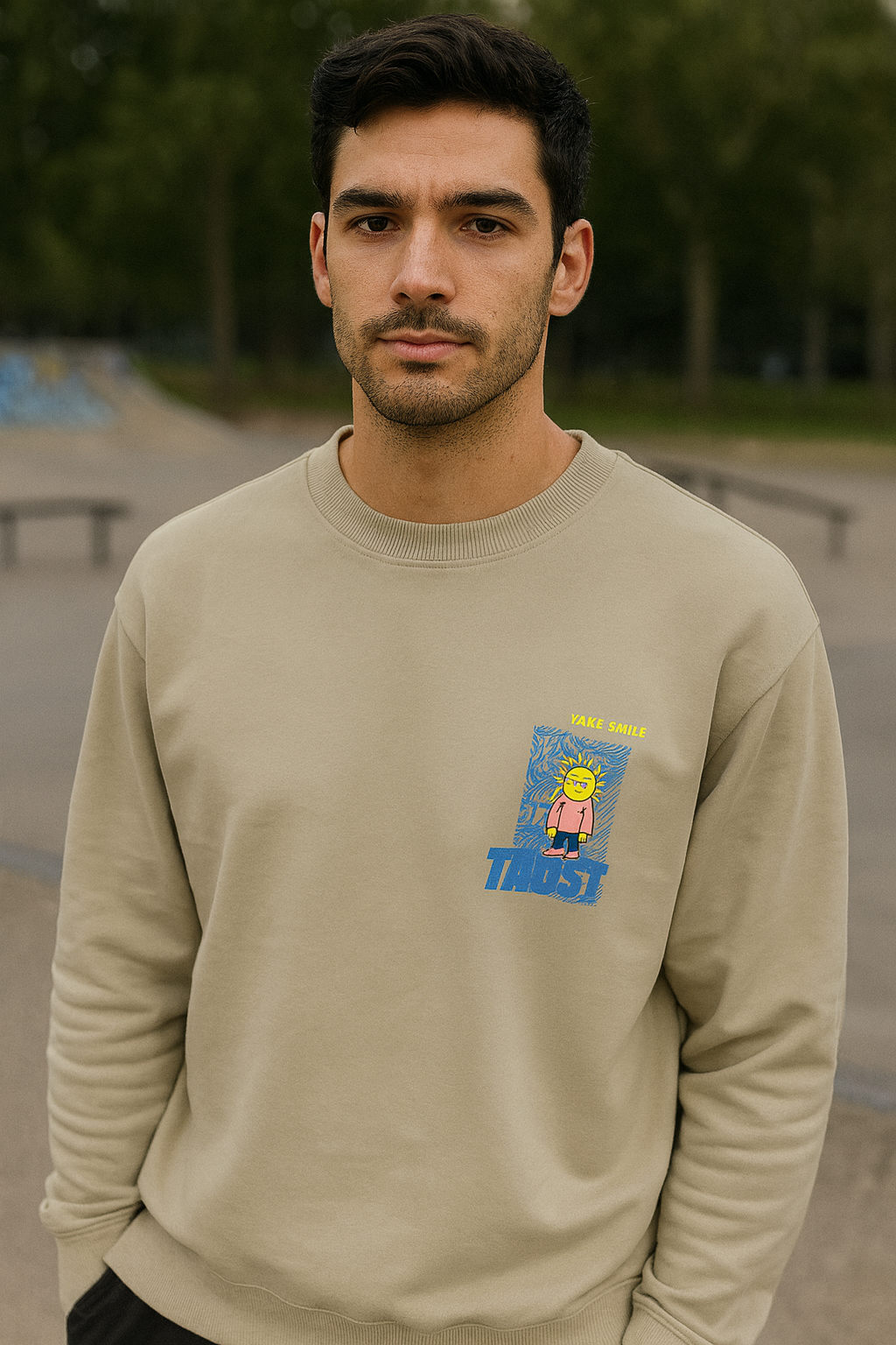 BUZO FAKE SMILE ESTAMPADO CON BORDES TEXTURIZADOS EN CUELLO, MANGAS Y PRETINA TEXTURIZADOS