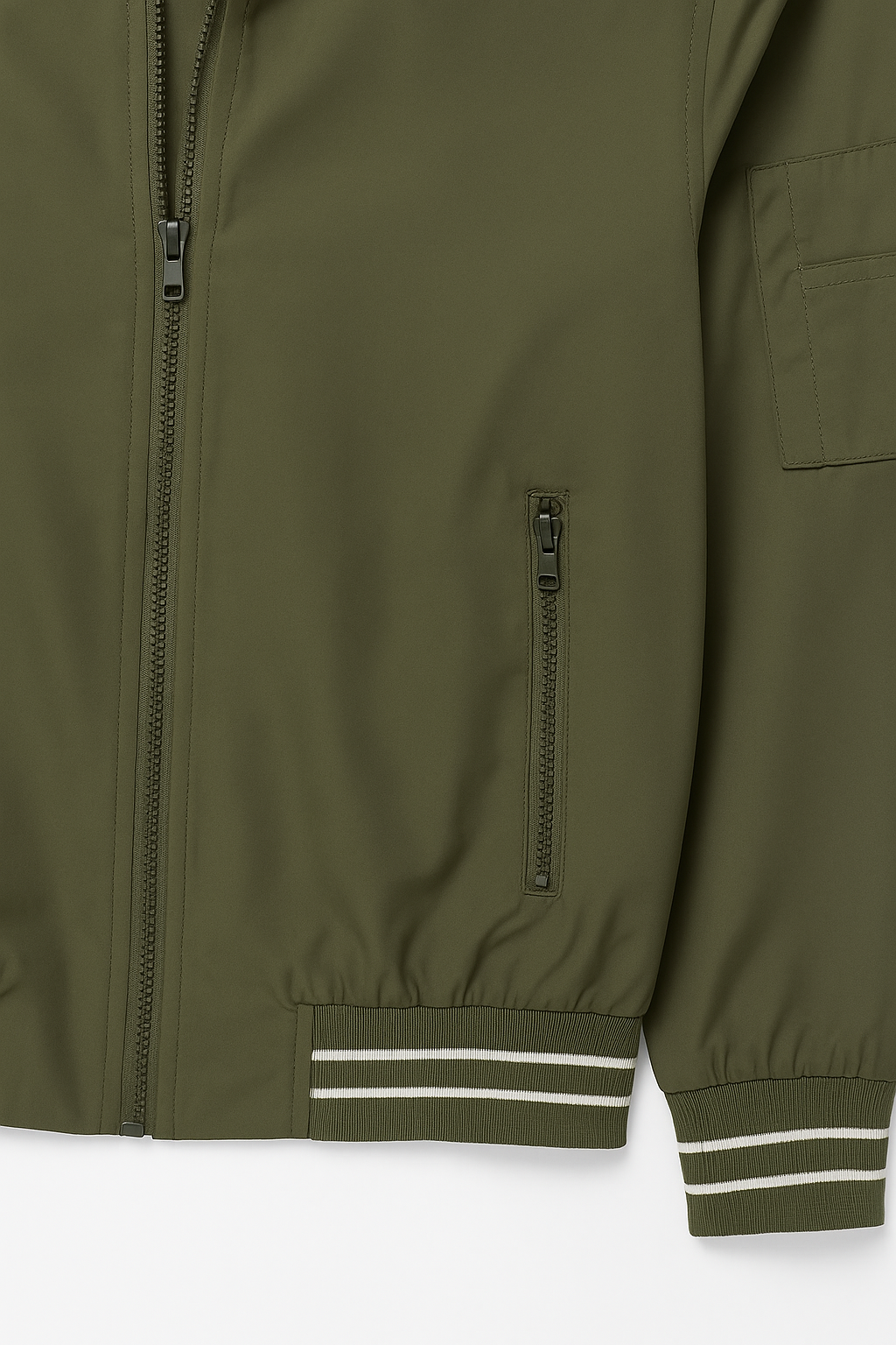 CHAQUETA ESTILO BOMBER JACKET HOMBRE VERDE MILITAR CON CREMALLERA Y DETALLES BLANCOS EN MANGAS Y FAJA.
