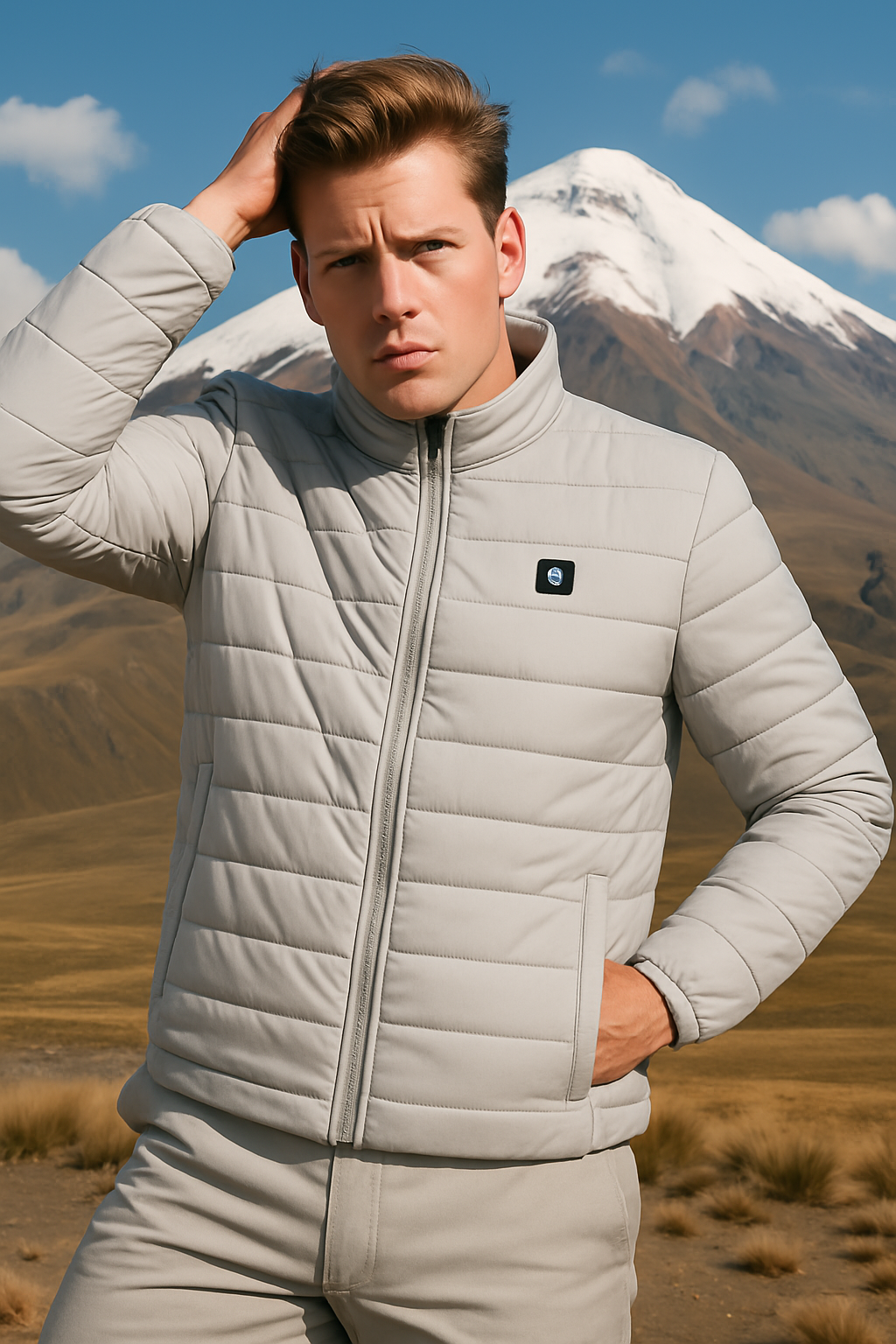 CHOMPA ACOLCHADA IMPERMEABLE CON CIERRE Y ADORNO EN PECHO