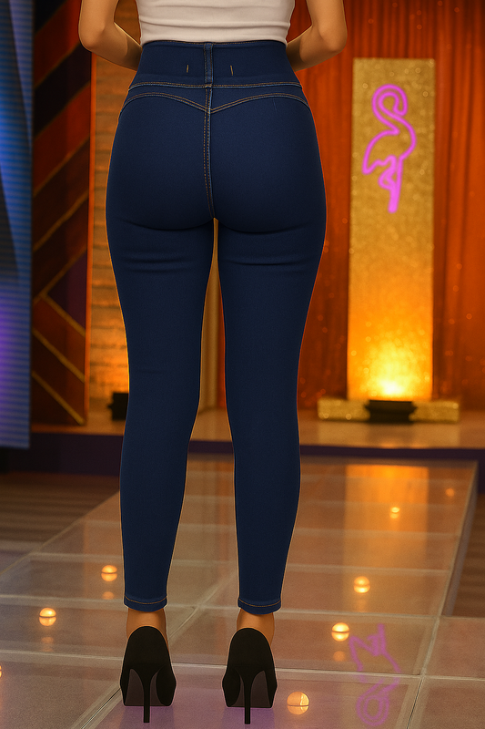 JEAN SKINNY DAMA AZUL OSCURO CON ROTOS Y SIN BOLSILLOS POSTERIORES