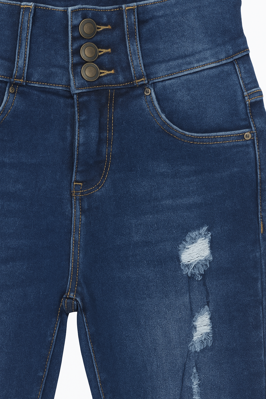 JEAN SKINNY DAMA AZUL OSCURO CON ROTOS Y SIN BOLSILLOS POSTERIORES