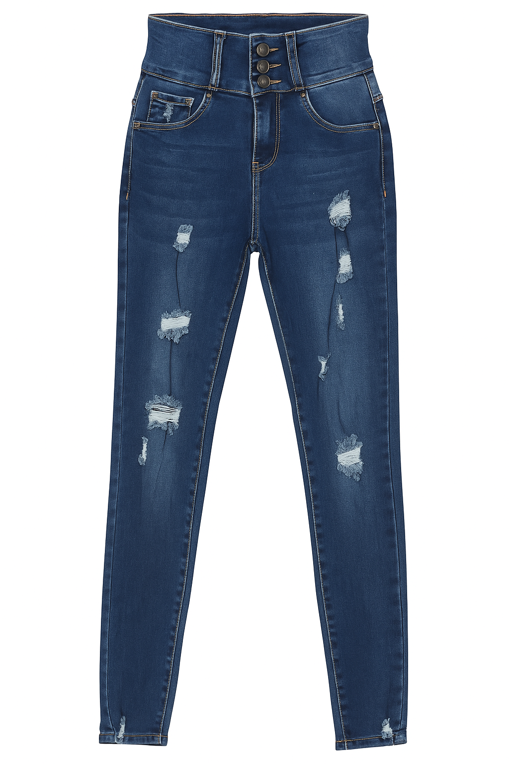 JEAN SKINNY DAMA AZUL OSCURO CON ROTOS Y SIN BOLSILLOS POSTERIORES