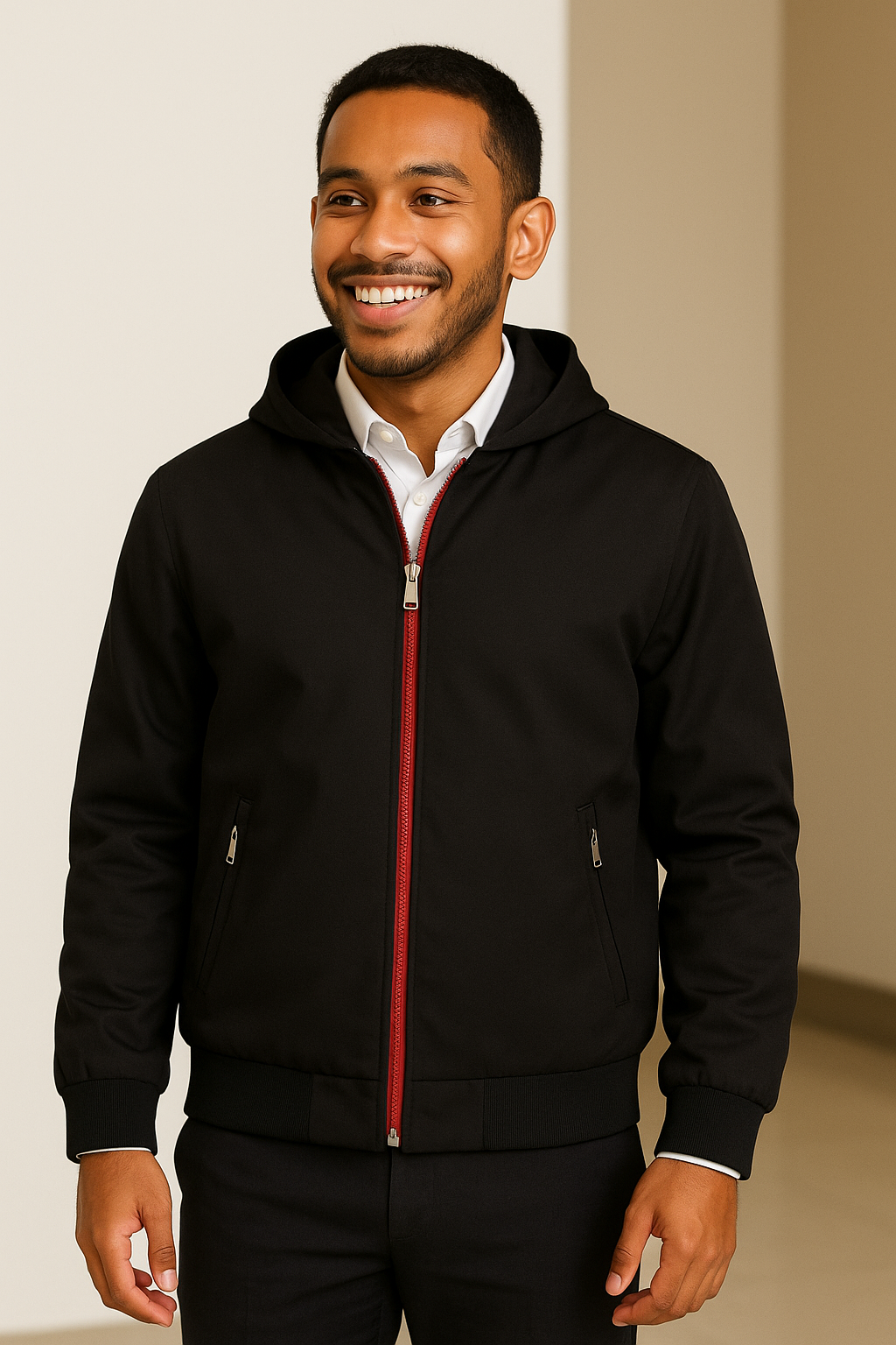 CHAQUETA CASUAL ESTILO BOMBER, CON CUELLO DE TELA, ABERTURA DE CIERRE ROJO, BOLSILLOS DE CIERRE CON FORRO Y BOLSILLO EN MANGA