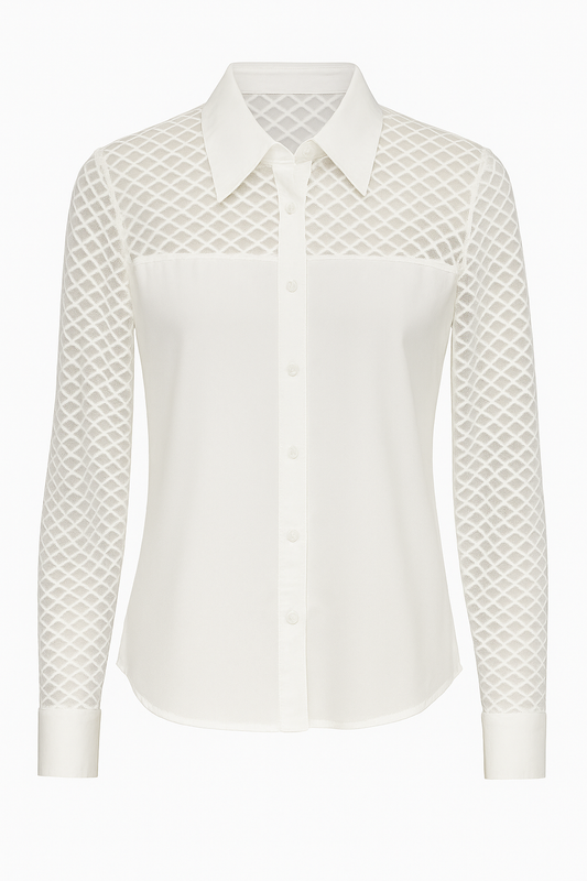 BLUSA DAMA MANGA LARGA BLANCA CON TRANSPARENCIAS EN MALLA