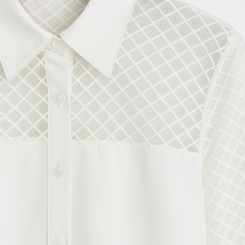 BLUSA DAMA MANGA LARGA BLANCA CON TRANSPARENCIAS EN MALLA