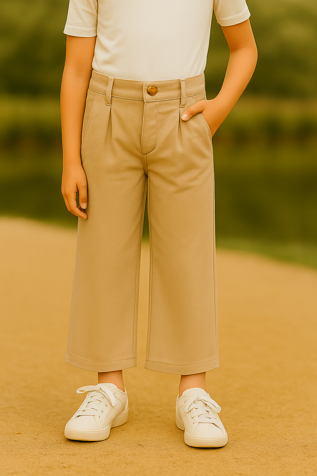 PANTALÓN NIÑA WIDE LEG CON BOTÓN DORADO EN FORMA DE CORAZÓN