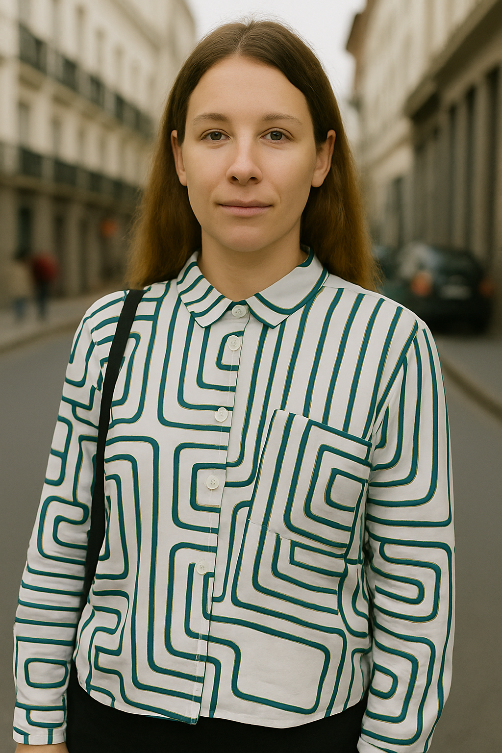 BLUSA DE CUELLO MANGA CORTA CON BOLSILLO DISEÑO GEOMÉTRICO