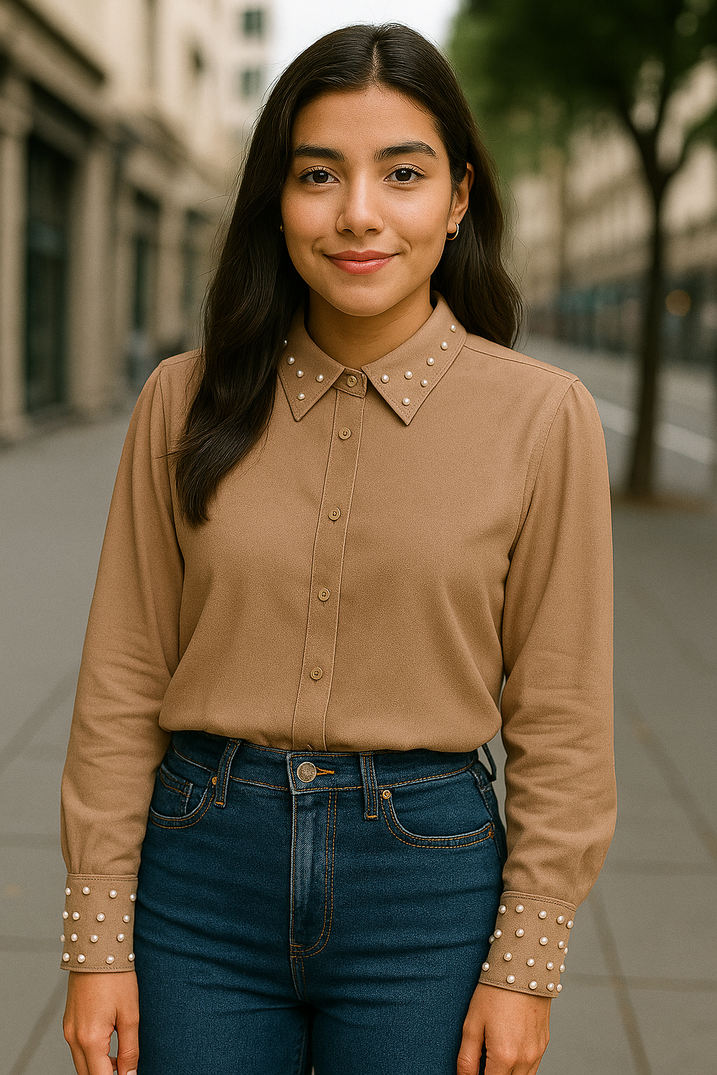 BLUSA DE CUELLO Y MANGAS DE DIAMANTES