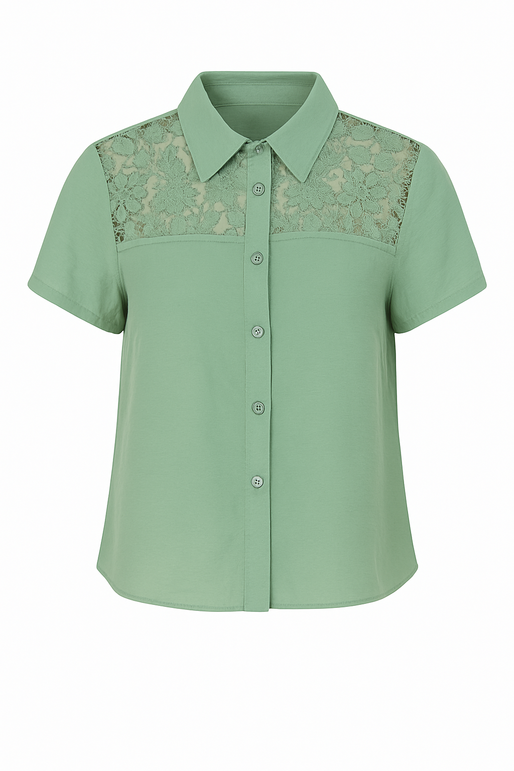 BLUSA ABOTONADA CON ENCAJE FLORAL CALADO EN HOMBROS Y ESPALDA