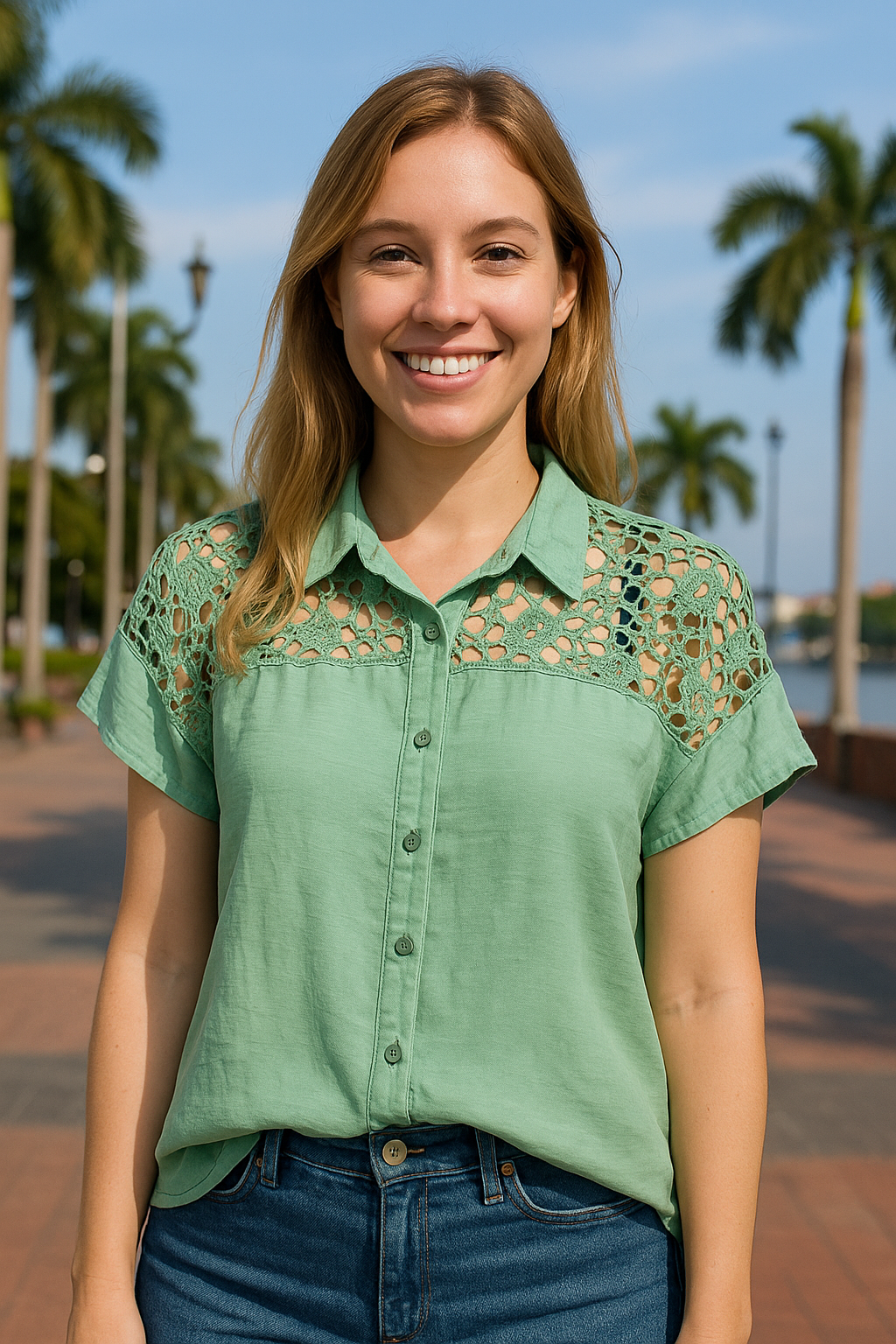 BLUSA ABOTONADA CON ENCAJE FLORAL CALADO EN HOMBROS Y ESPALDA