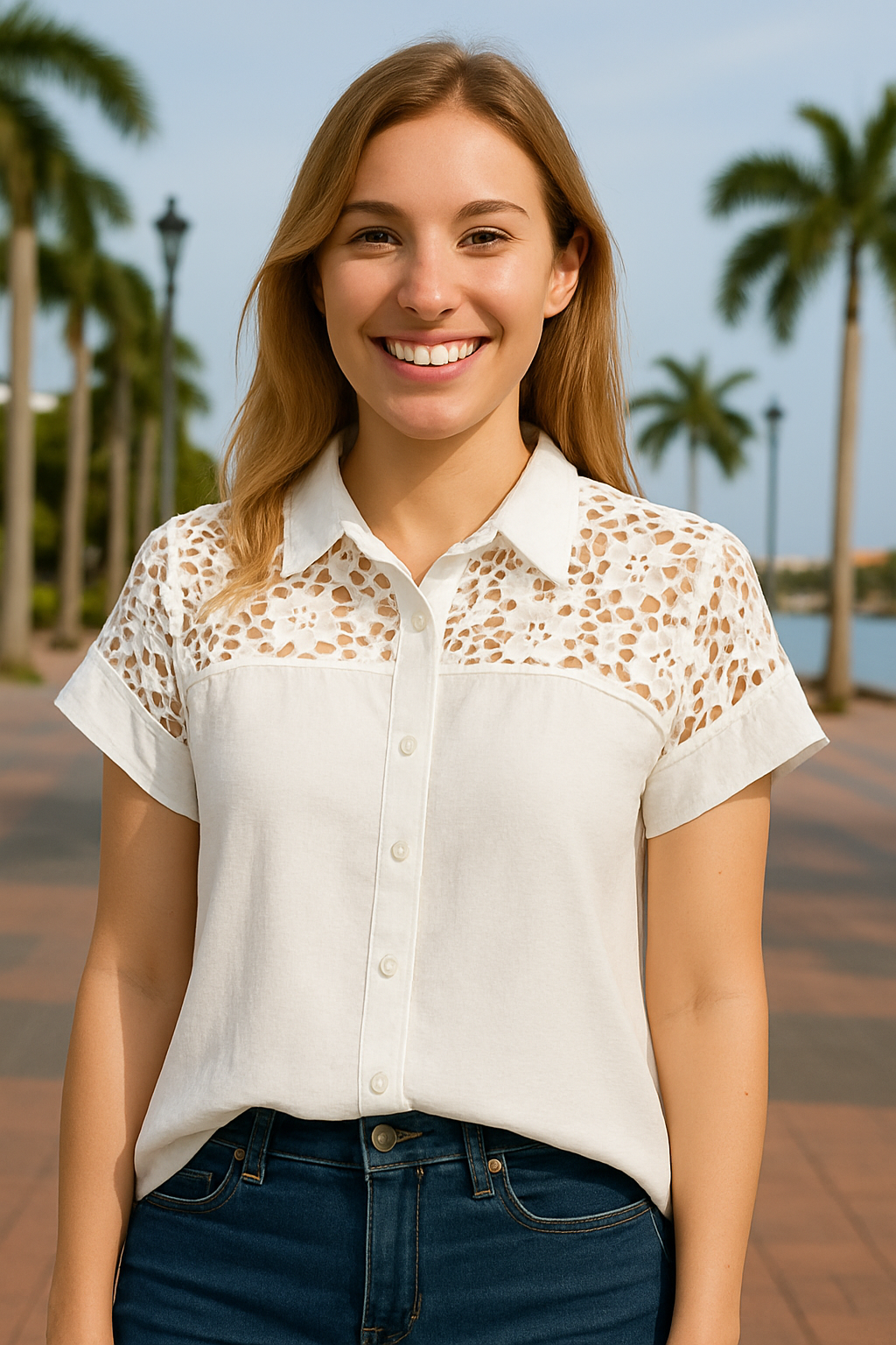 BLUSA ABOTONADA CON ENCAJE FLORAL CALADO EN HOMBROS Y ESPALDA