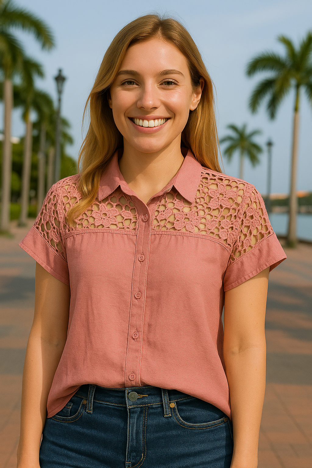 BLUSA ABOTONADA CON ENCAJE FLORAL CALADO EN HOMBROS Y ESPALDA